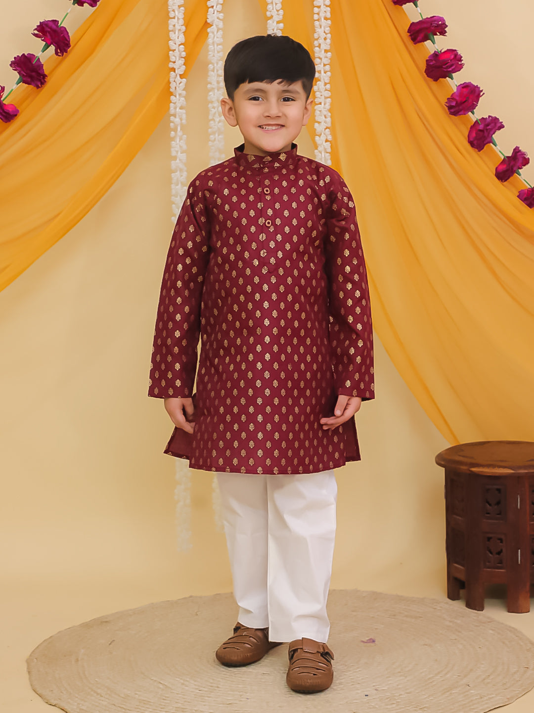 Maroon Cotton Full sleeves Foil Printed Kurta Pyjama Set