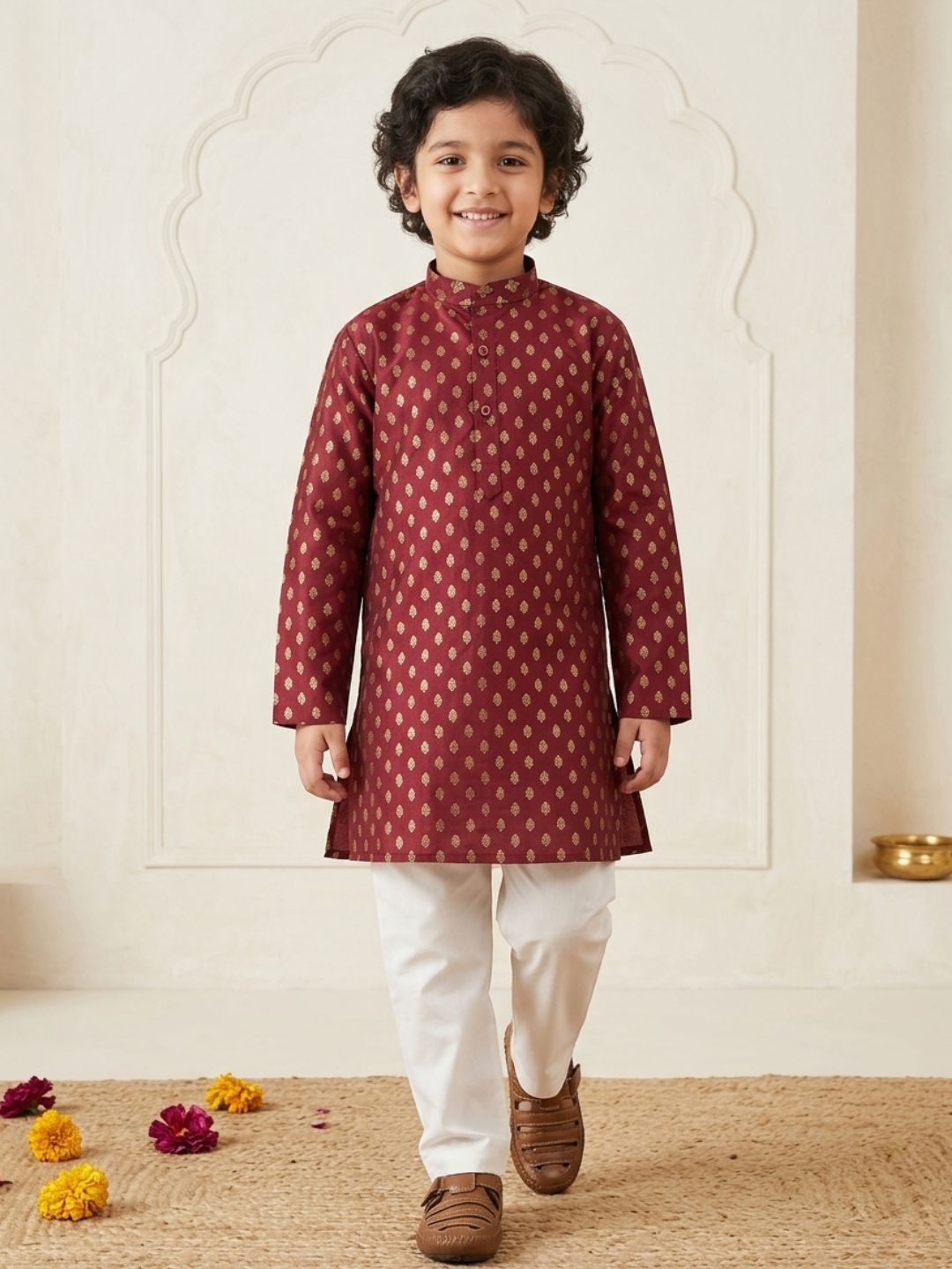 Maroon Cotton Full sleeves Foil Printed Kurta Pyjama Set