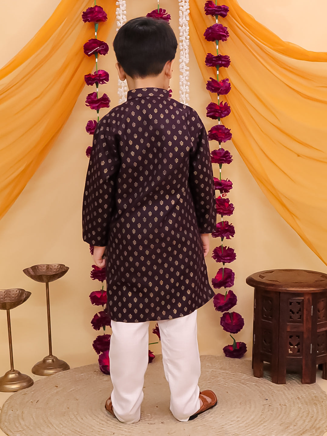 Boys Purple Cotton Full sleeves Foil Printed Kurta Pyjama Set