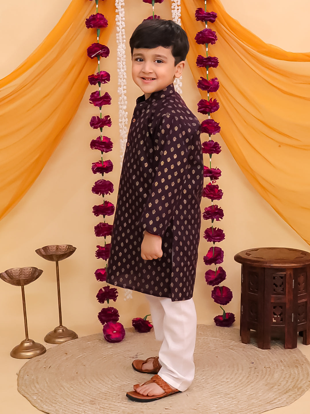 Boys Purple Cotton Full sleeves Foil Printed Kurta Pyjama Set