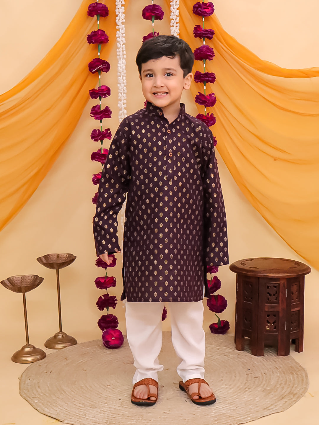 Boys Purple Cotton Full sleeves Foil Printed Kurta Pyjama Set