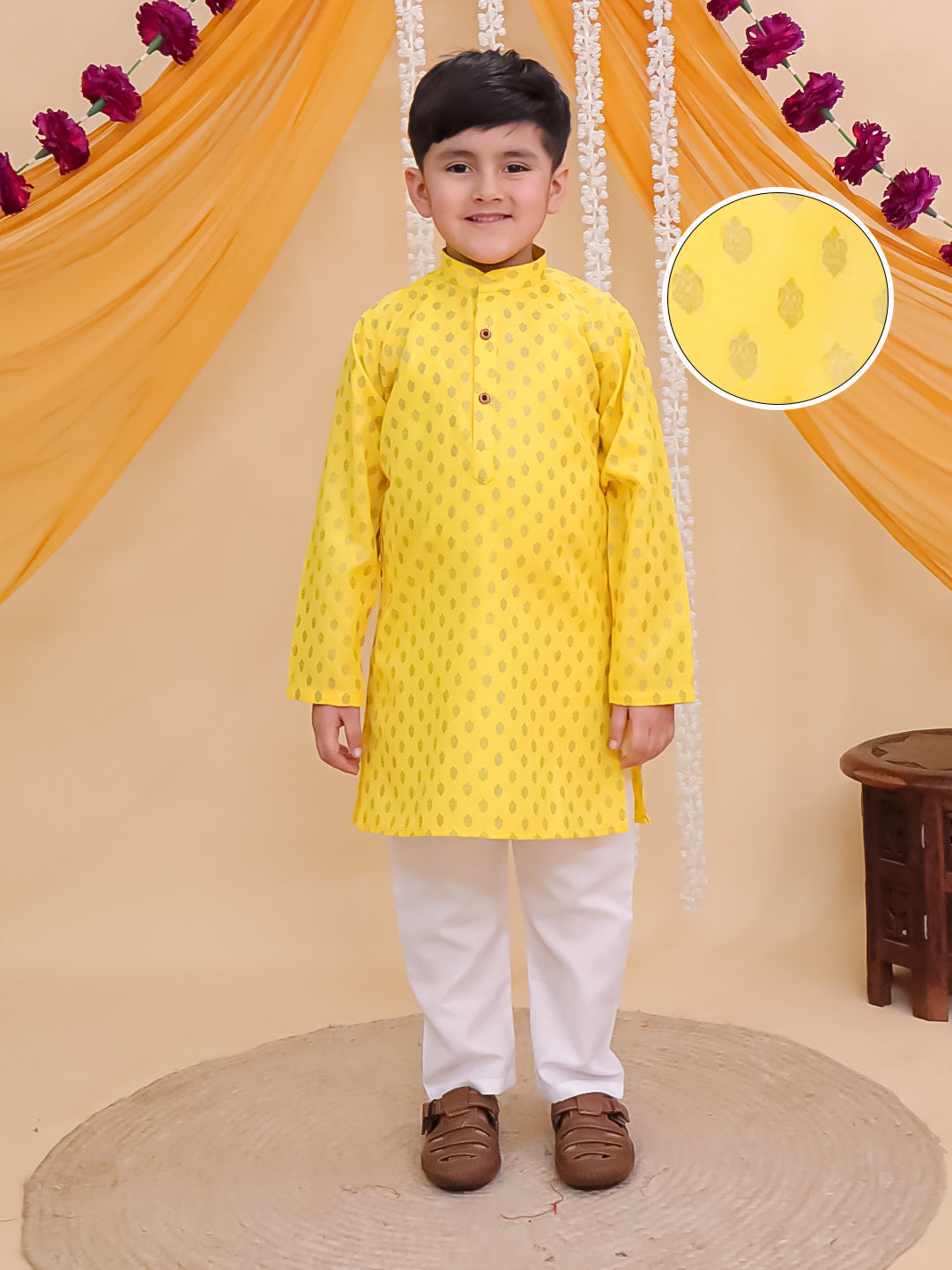 Yellow Cotton Full sleeves Foil Printed Kurta Pyjama Set