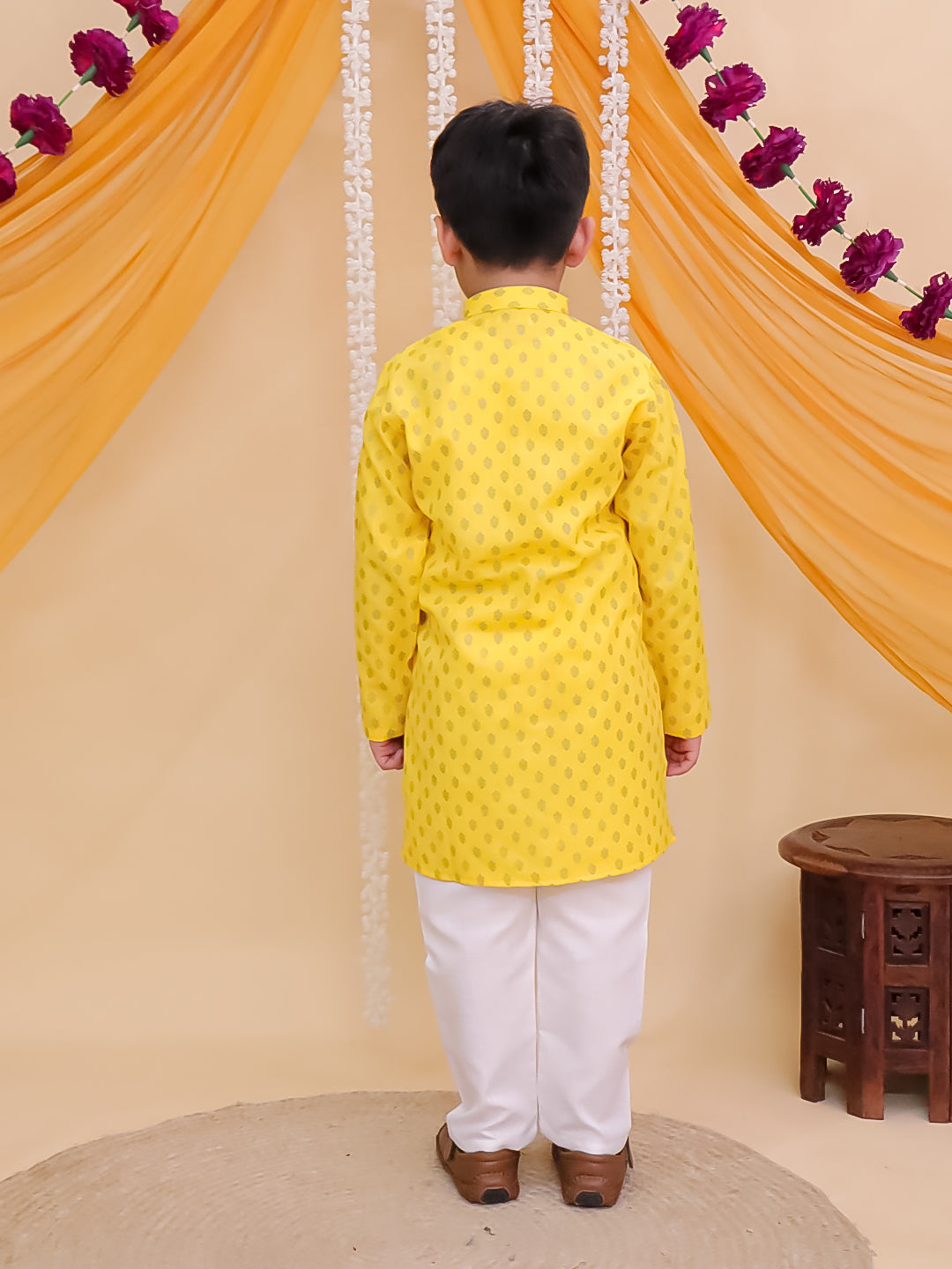 Yellow Cotton Full sleeves Foil Printed Kurta Pyjama Set