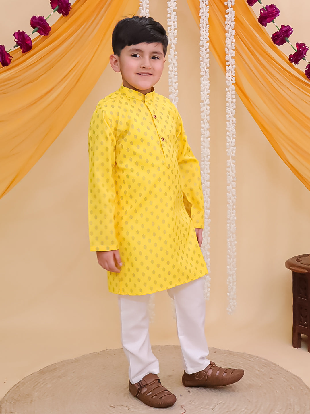 Yellow Cotton Full sleeves Foil Printed Kurta Pyjama Set