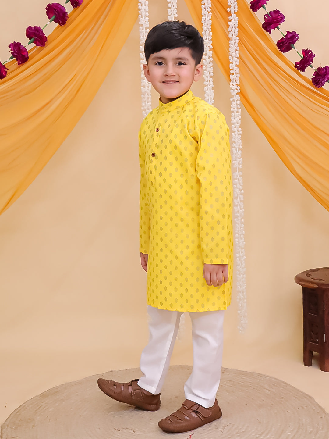 Yellow Cotton Full sleeves Foil Printed Kurta Pyjama Set