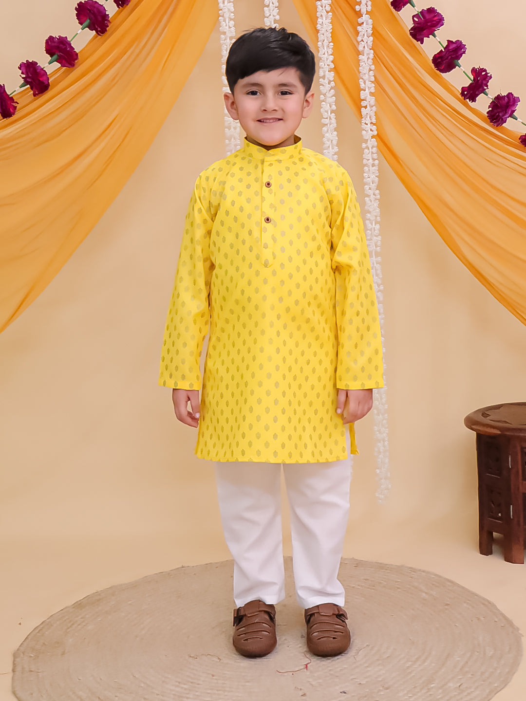 Yellow Cotton Full sleeves Foil Printed Kurta Pyjama Set