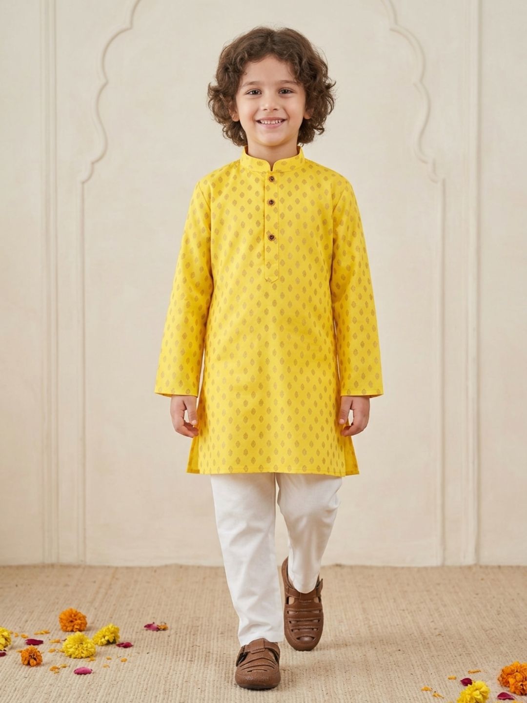 Yellow Cotton Full sleeves Foil Printed Kurta Pyjama Set