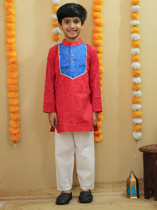 Boys Red Cotton Full sleeves Printed Kurta Pyjama Set