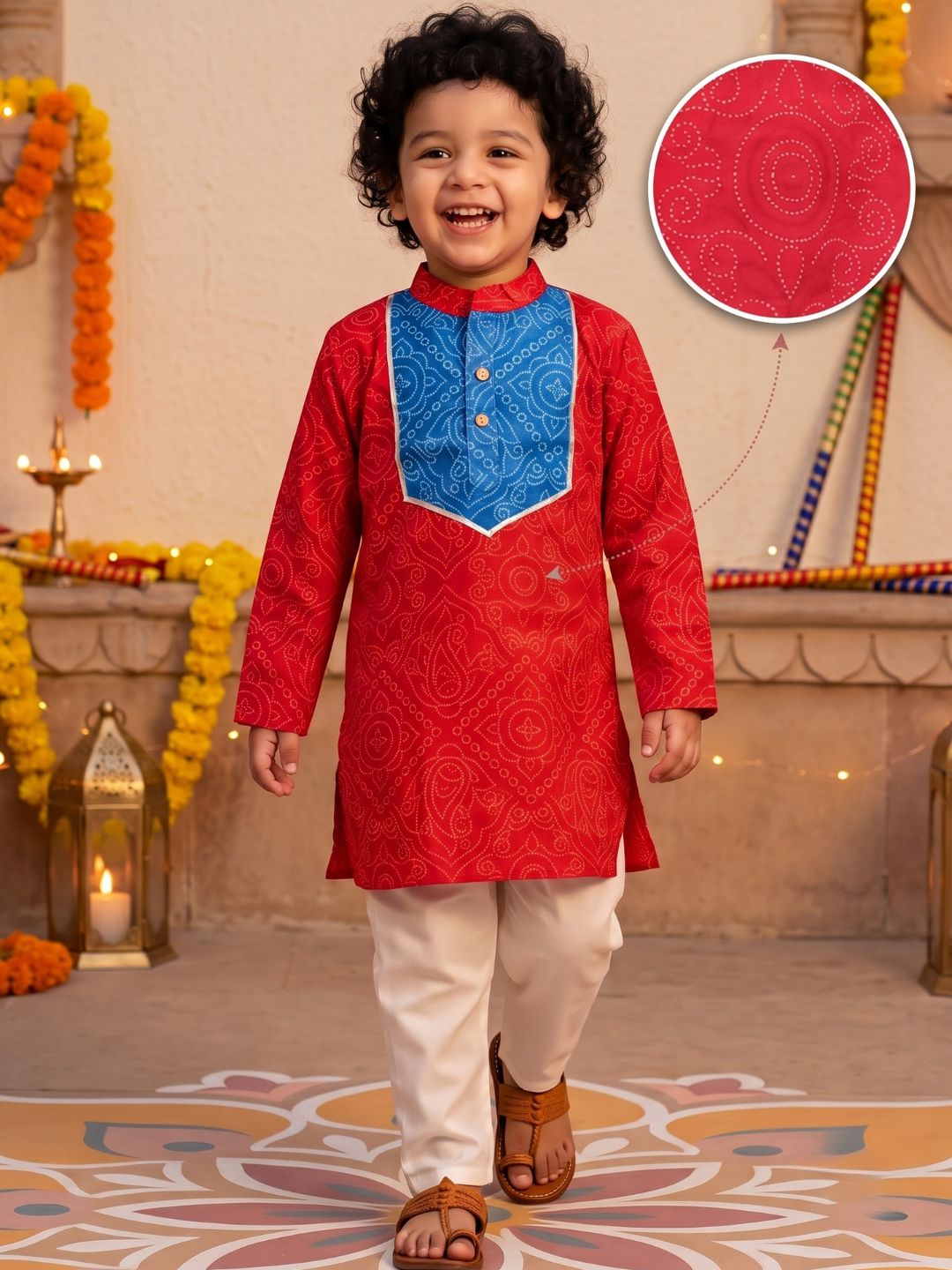 Boys Red Cotton Full sleeves Printed Kurta Pyjama Set