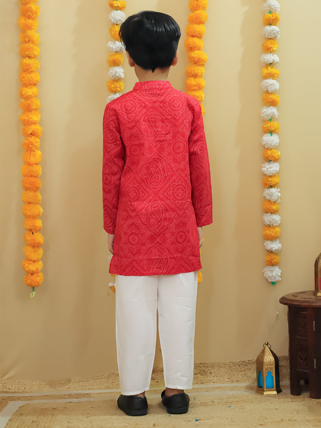 Boys Red Cotton Full sleeves Printed Kurta Pyjama Set