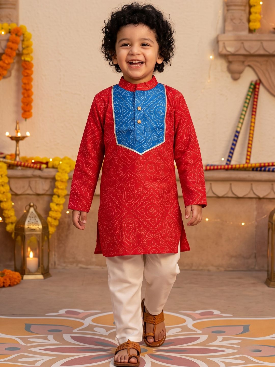 Boys Red Cotton Full sleeves Printed Kurta Pyjama Set