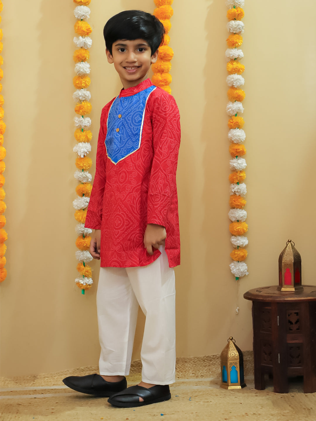 Boys Red Cotton Full sleeves Printed Kurta Pyjama Set