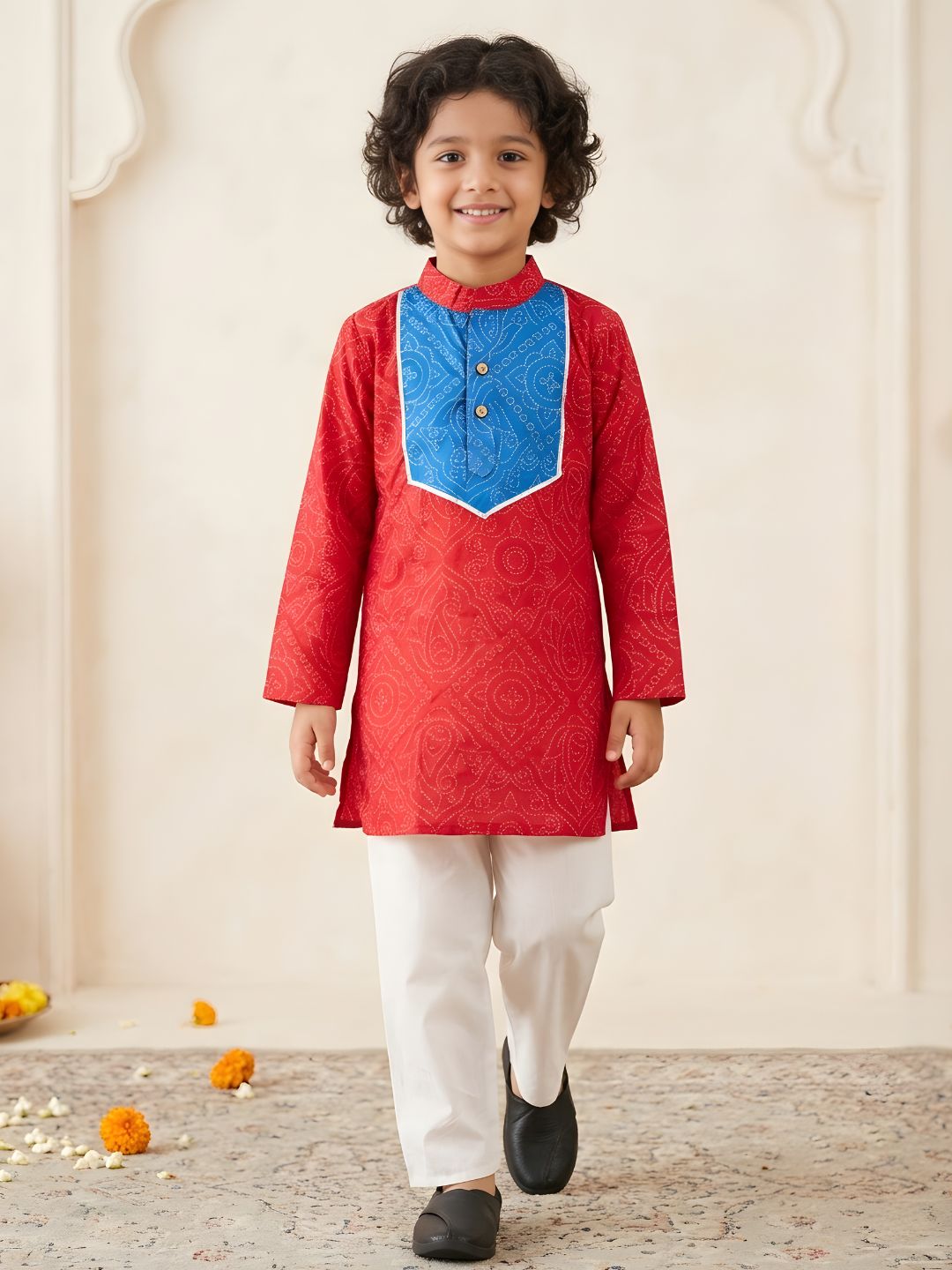 Boys Red Cotton Full sleeves Printed Kurta Pyjama Set - AJ Dezines