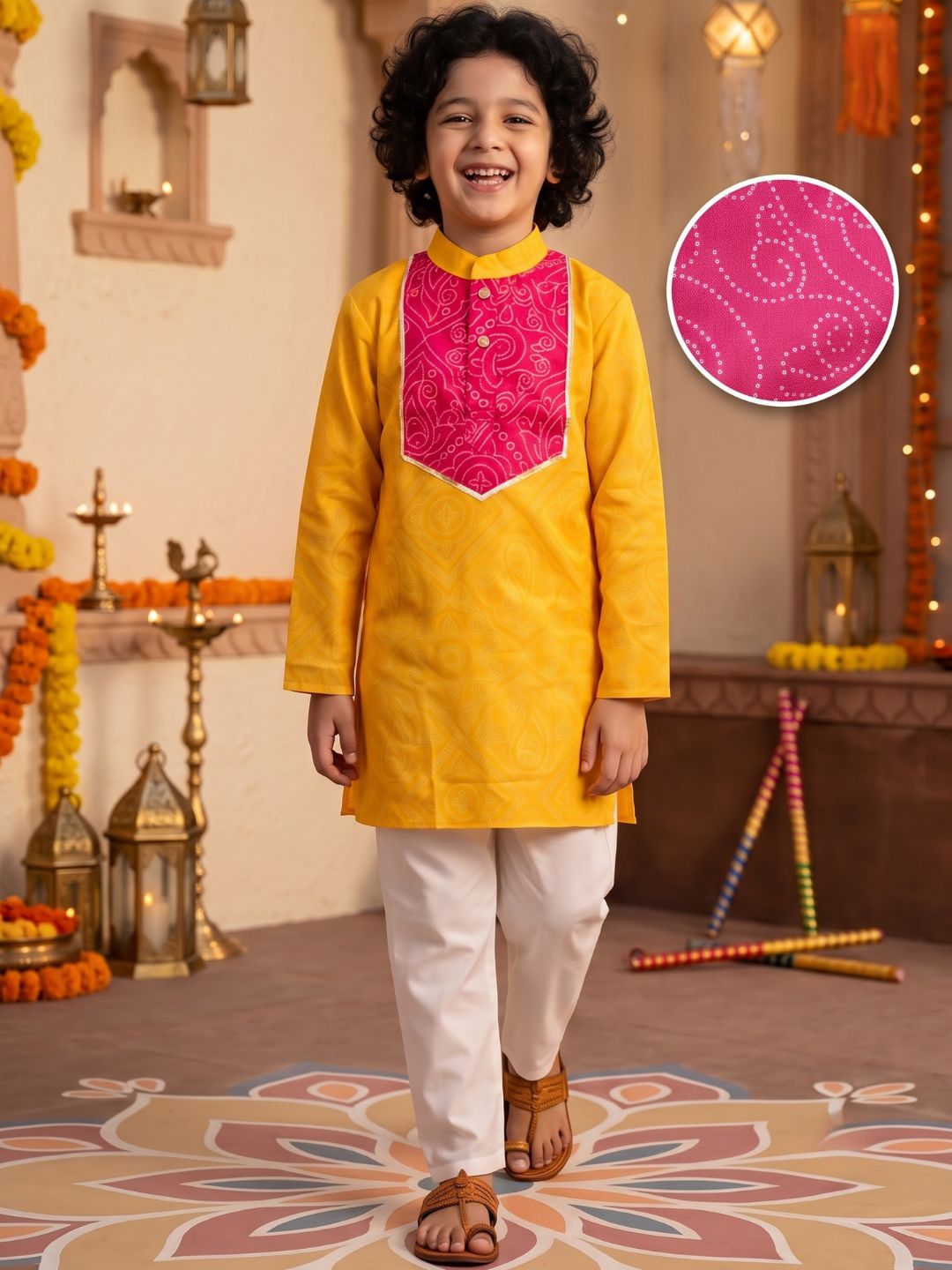Yellow Cotton Full sleeves Printed Festive & Ethnic Wear Kurta Pyjama Set For Kids Boys