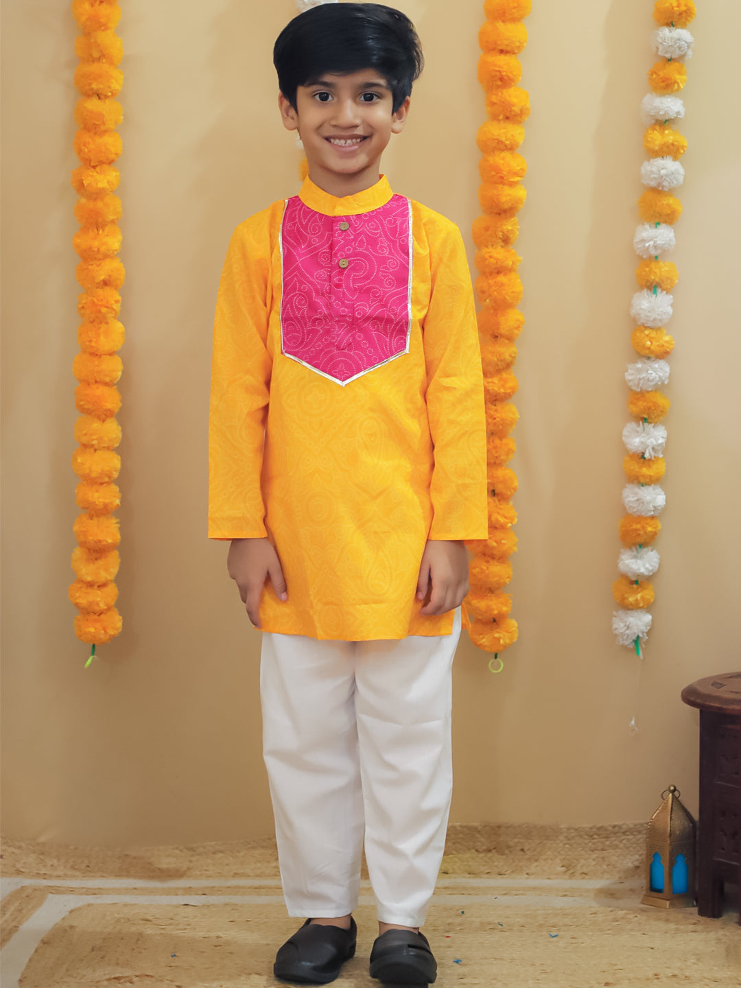 Yellow Cotton Full sleeves Printed Festive & Ethnic Wear Kurta Pyjama Set For Kids Boys