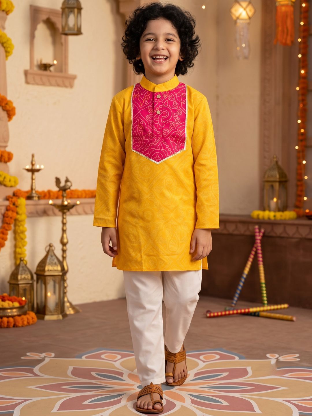 Yellow Cotton Full sleeves Printed Festive & Ethnic Wear Kurta Pyjama Set For Kids Boys