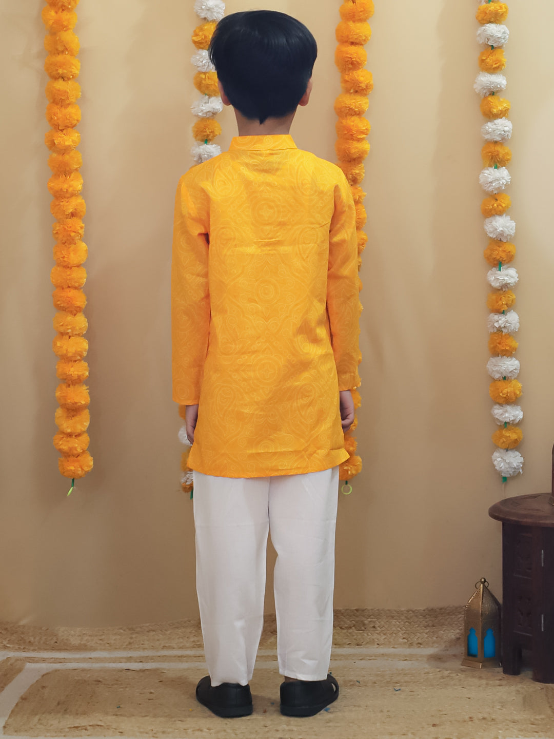 Yellow Cotton Full sleeves Printed Festive & Ethnic Wear Kurta Pyjama Set For Kids Boys