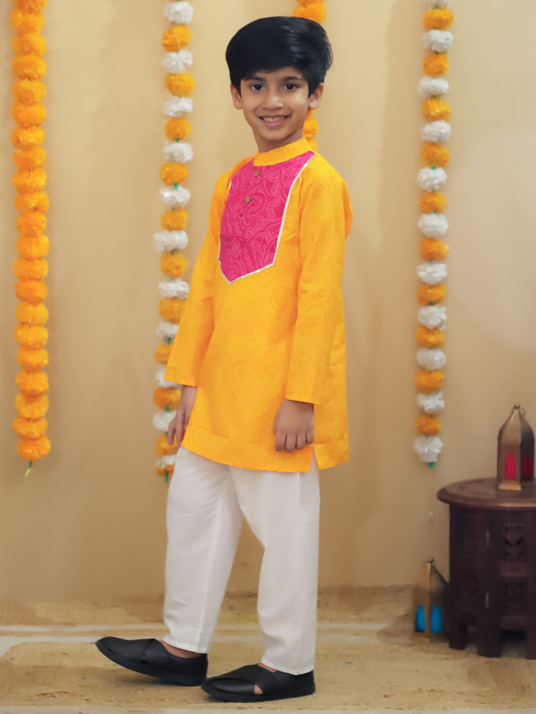 Yellow Cotton Full sleeves Printed Festive & Ethnic Wear Kurta Pyjama Set For Kids Boys