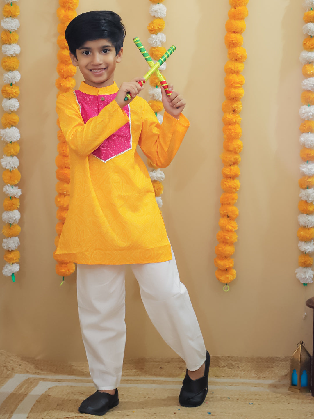 Yellow Cotton Full sleeves Printed Festive & Ethnic Wear Kurta Pyjama Set For Kids Boys