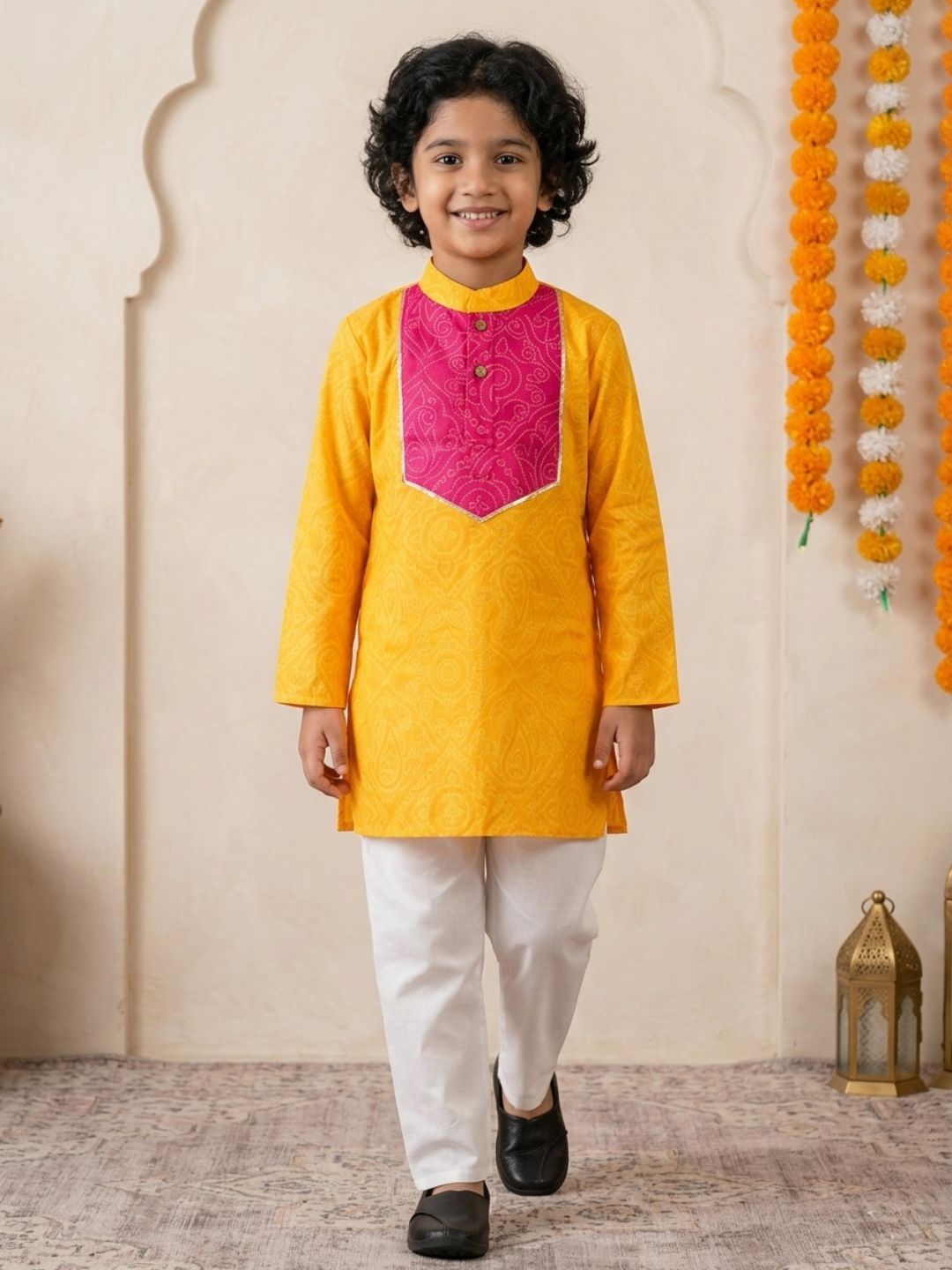 Yellow Cotton Full sleeves Printed Festive & Ethnic Wear Kurta Pyjama Set For Kids Boys