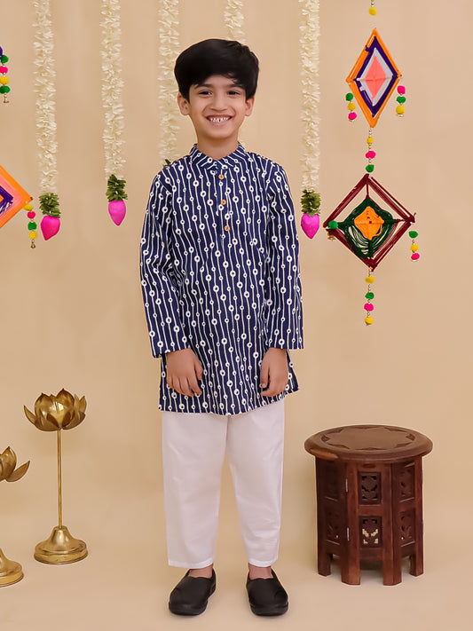 Boys Blue Cotton Full sleeves Printed Kurta Pyjama Set