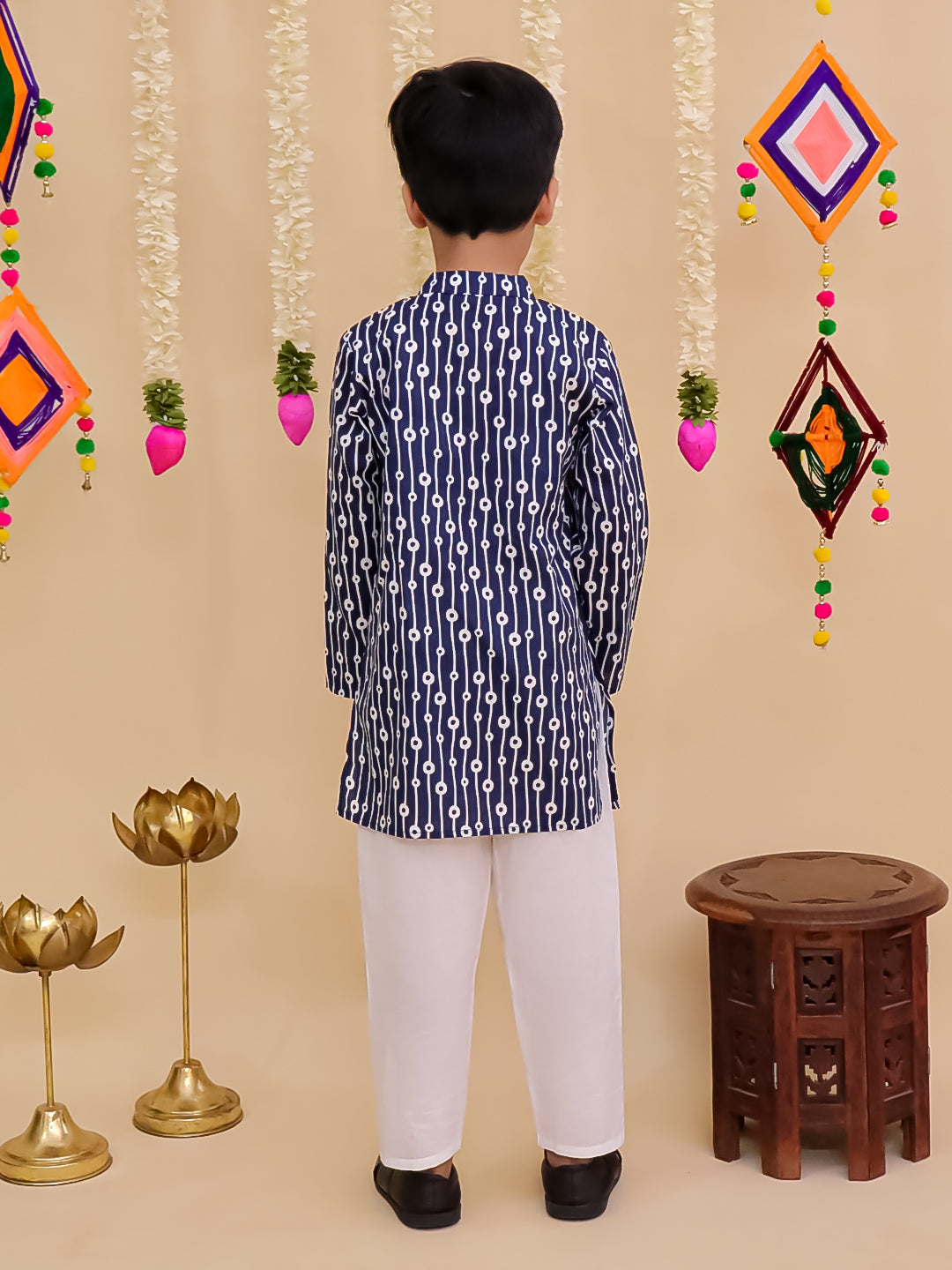 Boys Blue Cotton Full sleeves Printed Kurta Pyjama Set
