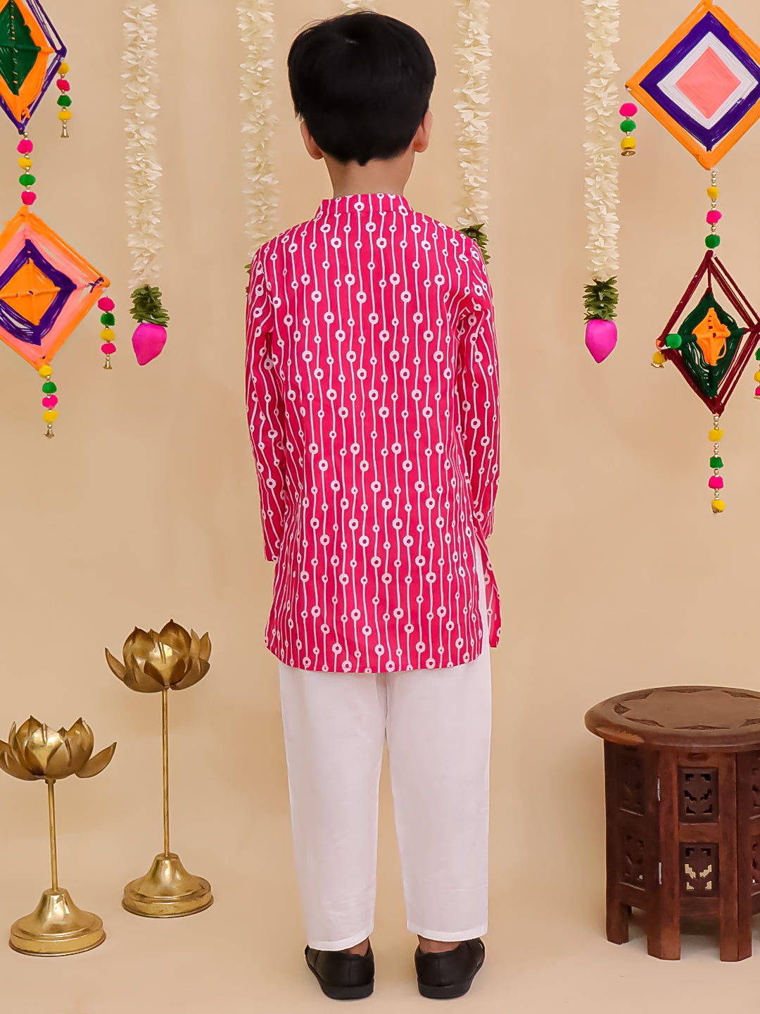 Boys Pink Cotton Full sleeves Printed Kurta Pyjama Set