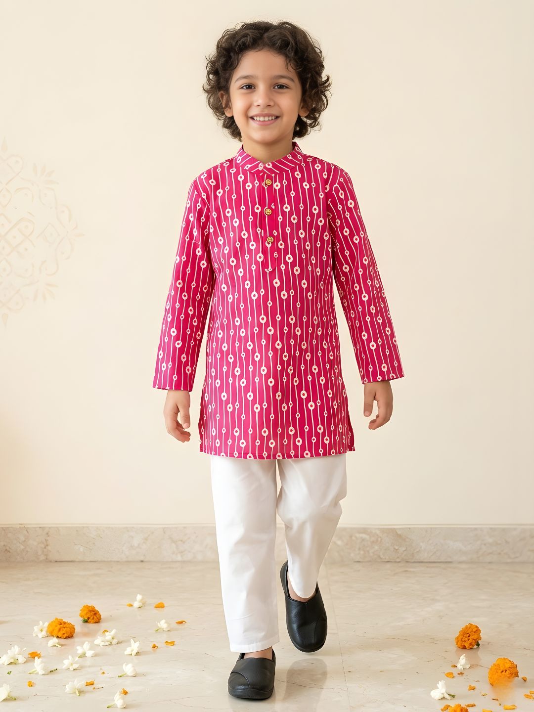 Boys Pink Cotton Full sleeves Printed Kurta Pyjama Set - AJ Dezines