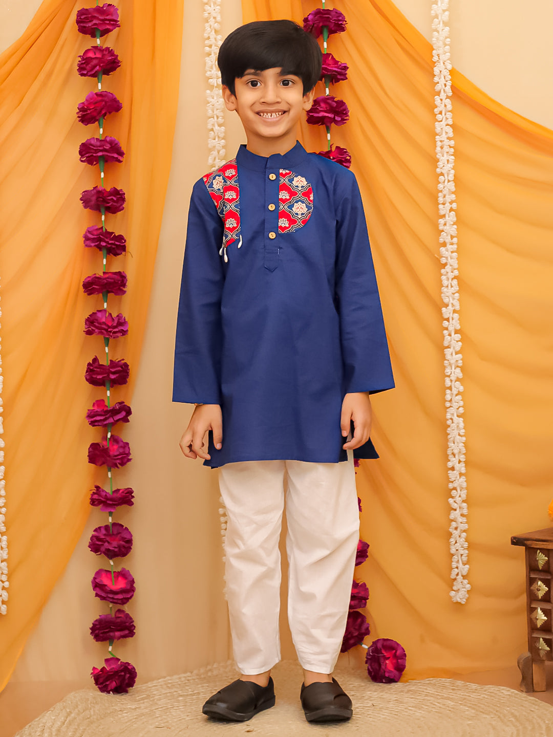 Blue Cotton Full sleeves Printed Festive Ethnic Wear Kurta Pyjama Set For Kids Boys