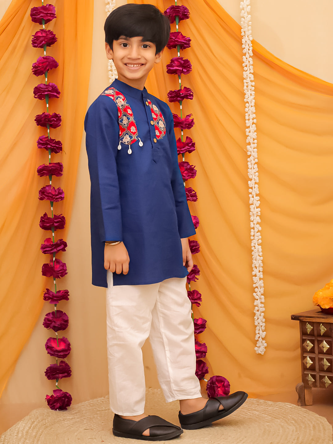 Blue Cotton Full sleeves Printed Festive Ethnic Wear Kurta Pyjama Set For Kids Boys
