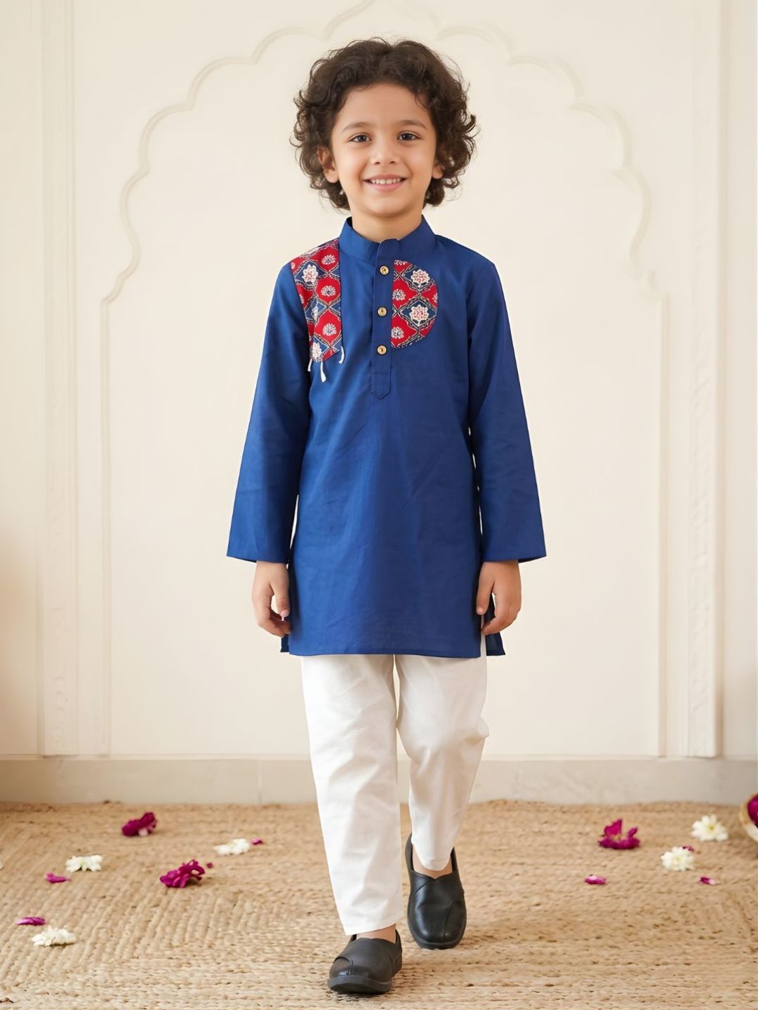 Blue Cotton Full sleeves Printed Festive Ethnic Wear Kurta Pyjama Set For Kids Boys