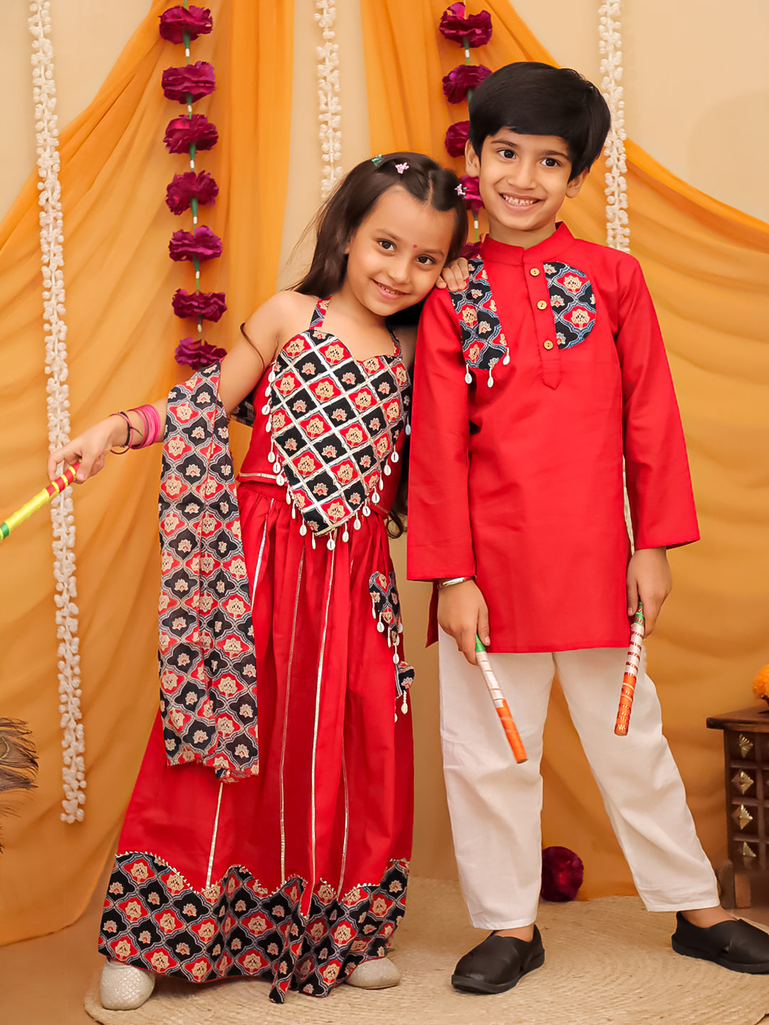 Red Cotton Full sleeves Printed Kurta Pyjama Set