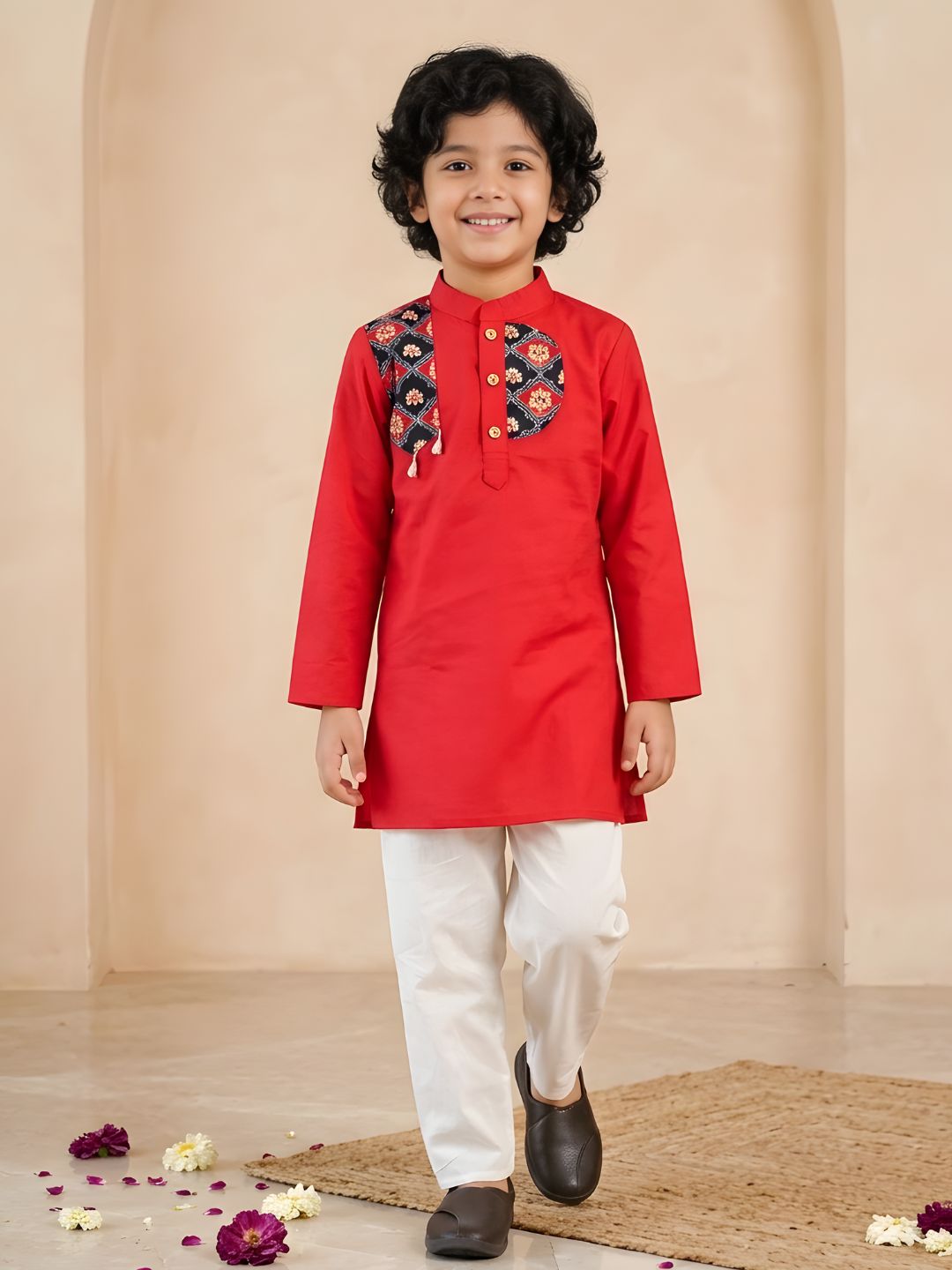 Red Cotton Full sleeves Printed Kurta Pyjama Set
