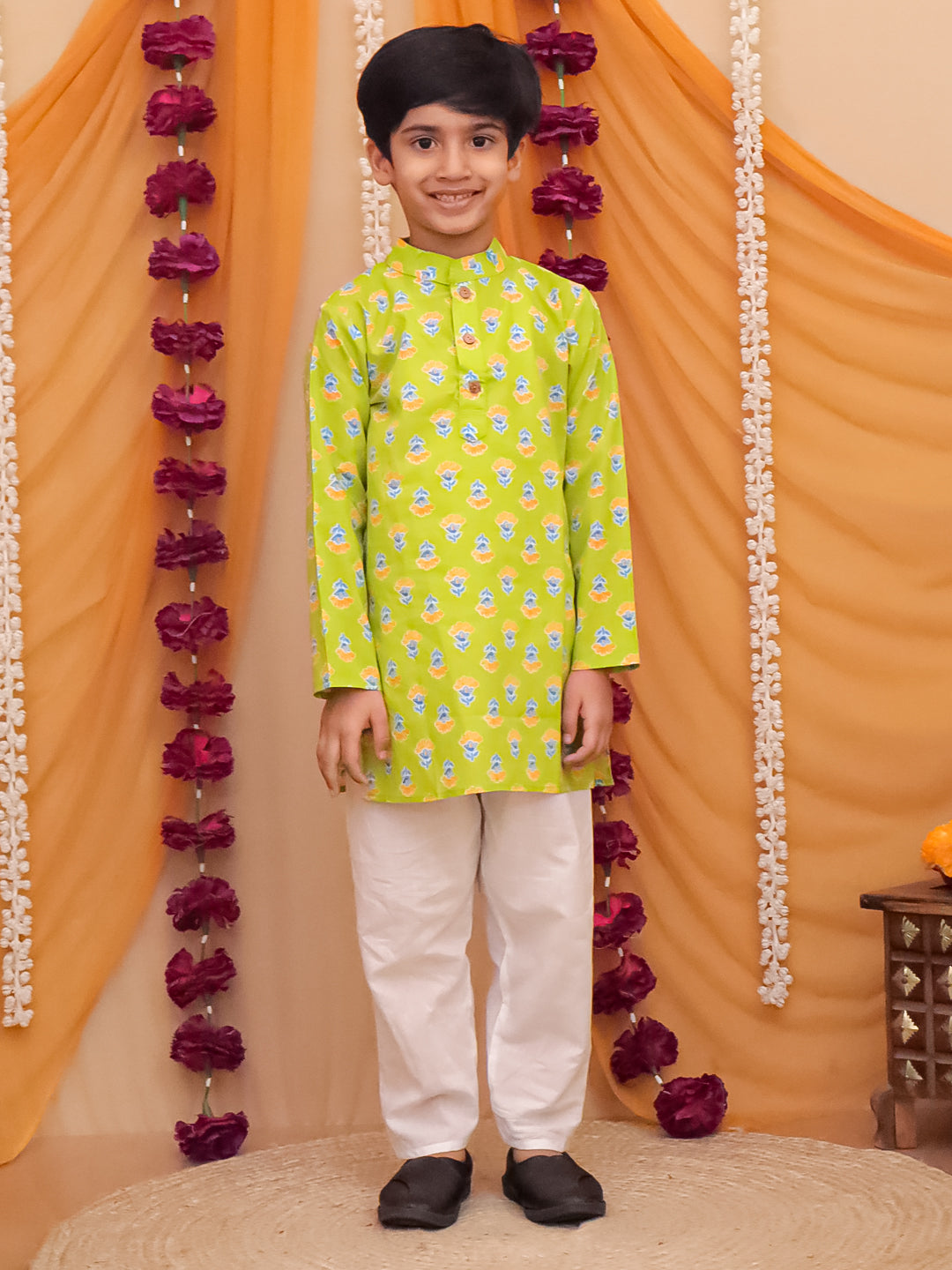 Boys Green Cotton Full sleeves Floral Print Kurta Pyjama Set