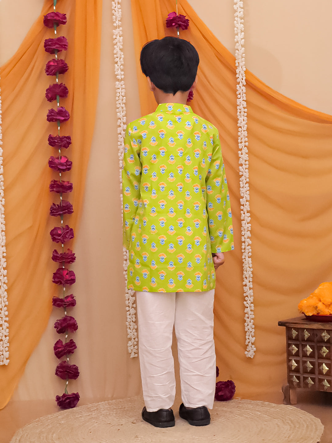 Boys Green Cotton Full sleeves Floral Print Kurta Pyjama Set