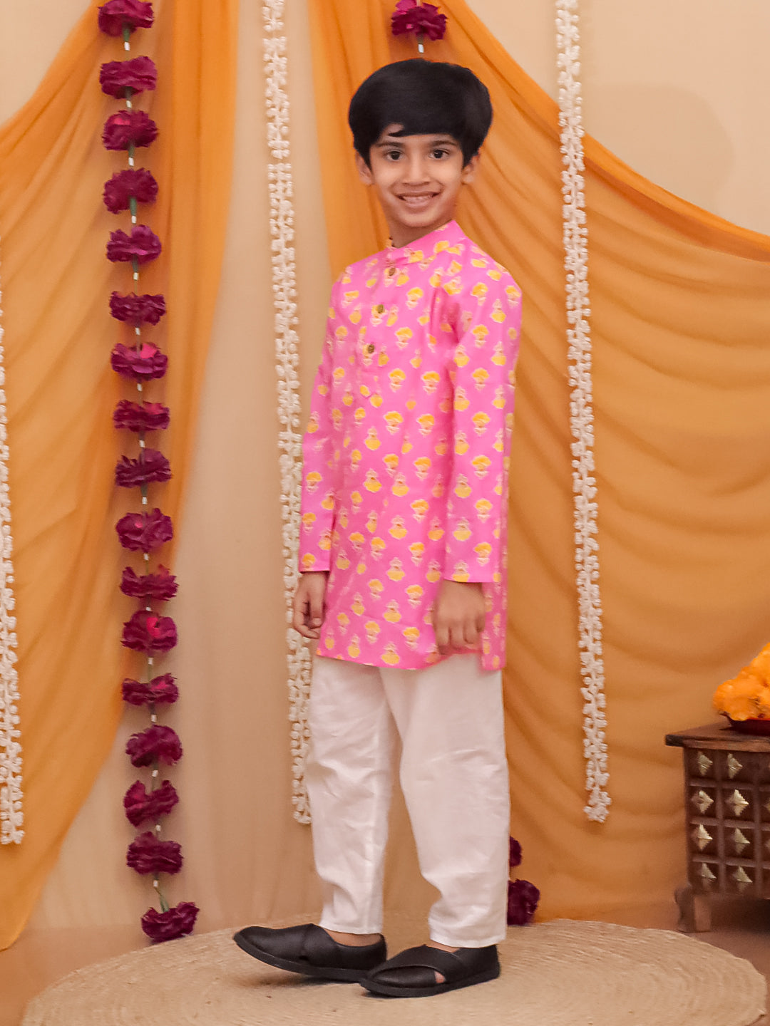 Boys Pink Cotton Full sleeves Floral Print Kurta Pyjama Set