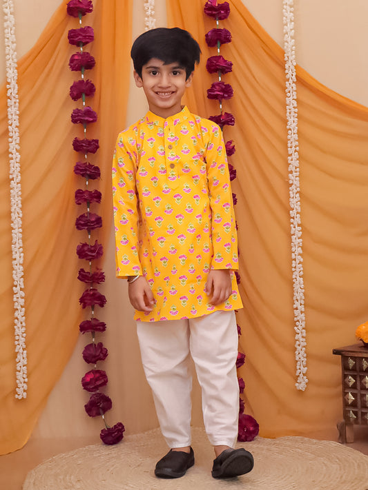 Boys Yellow Cotton Full sleeves Floral Print Kurta Pyjama Set