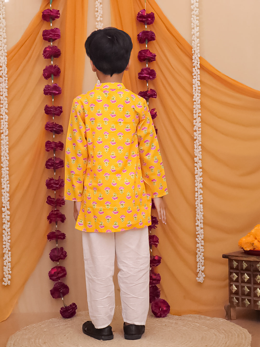 Boys Yellow Cotton Full sleeves Floral Print Kurta Pyjama Set