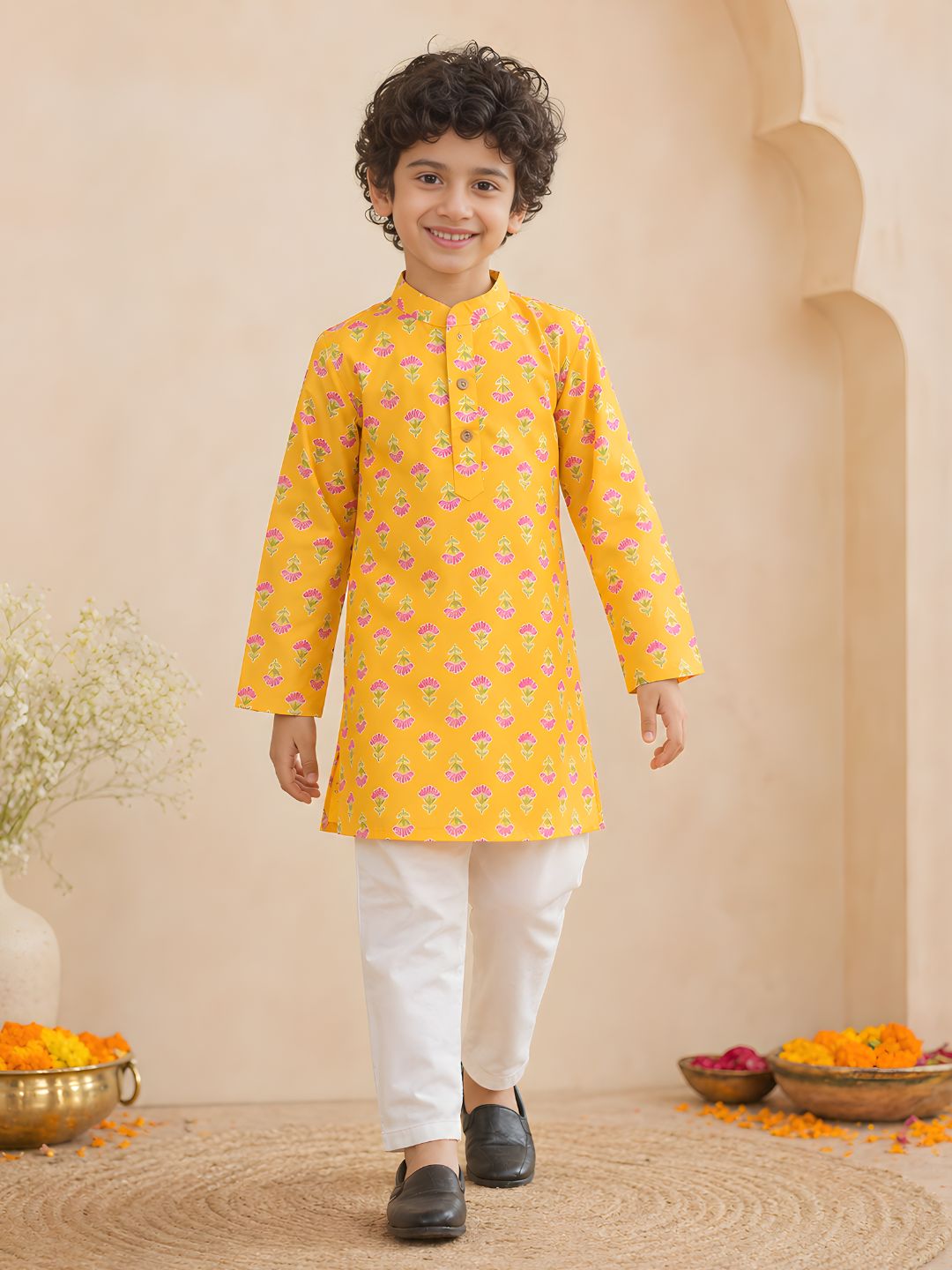 Boys Yellow Cotton Full sleeves Floral Print Kurta Pyjama Set