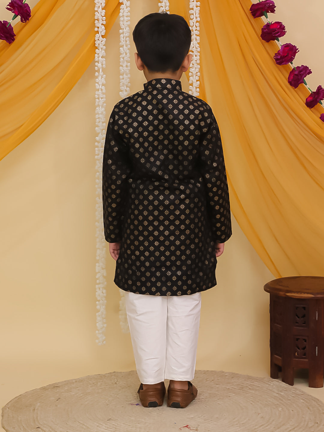 Black Cotton Full sleeves Foil Printed Kurta Pyjama Set