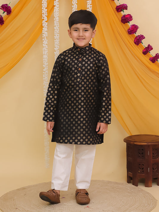 AJ Dezines Black Cotton Full sleeves Foil Printed Kurta Pyjama Set
