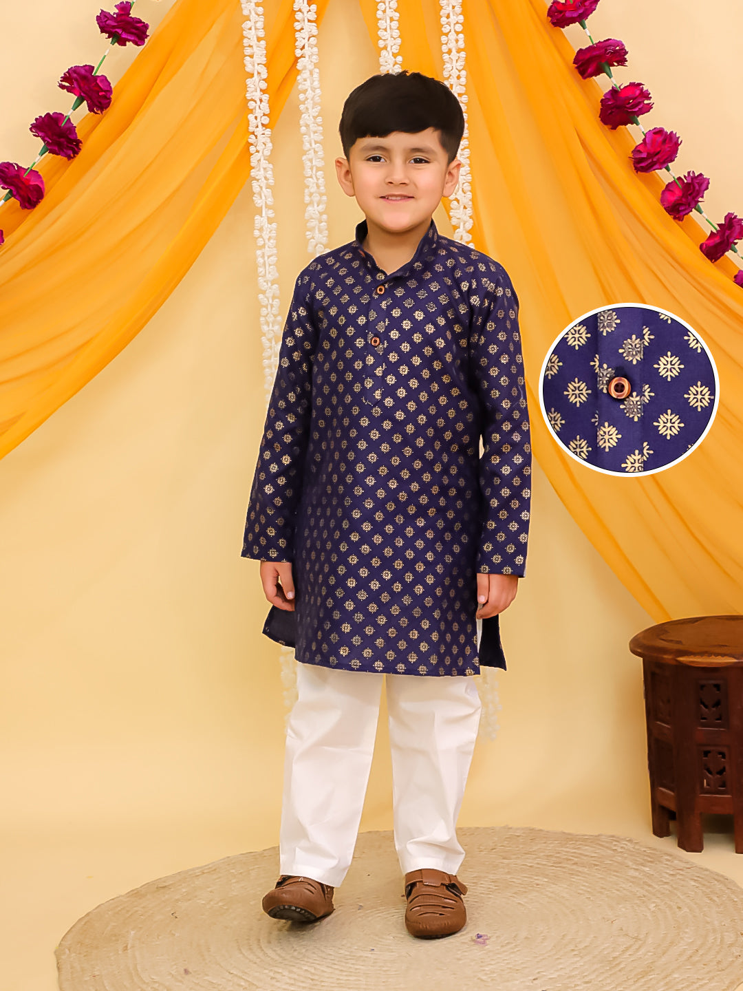 Blue Cotton Full sleeves Foil Printed Kurta Pyjama Set