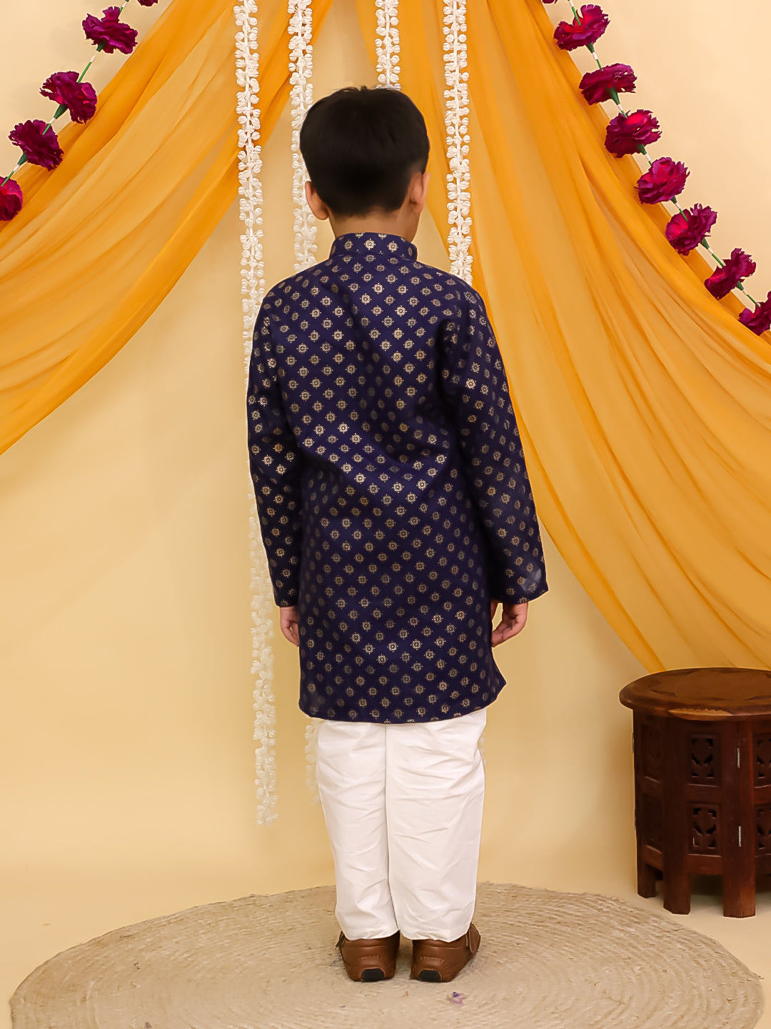 Blue Cotton Full sleeves Foil Printed Kurta Pyjama Set