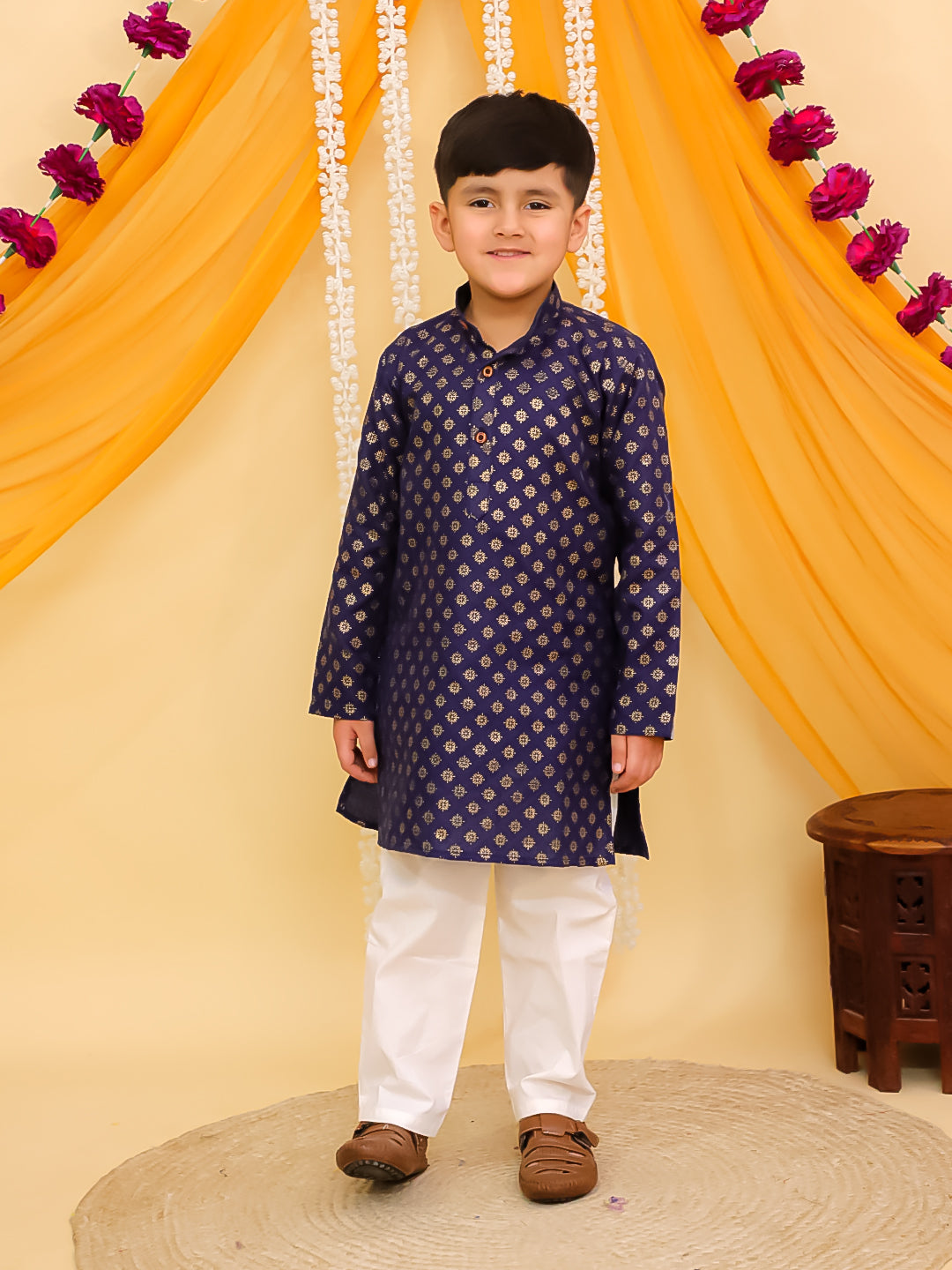 Blue Cotton Full sleeves Foil Printed Kurta Pyjama Set