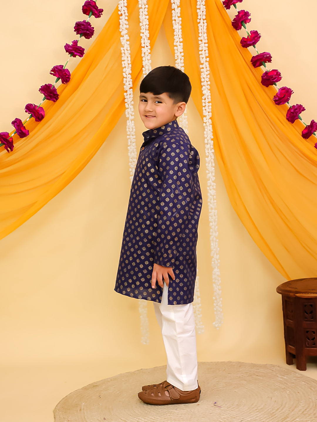 Blue Cotton Full sleeves Foil Printed Kurta Pyjama Set