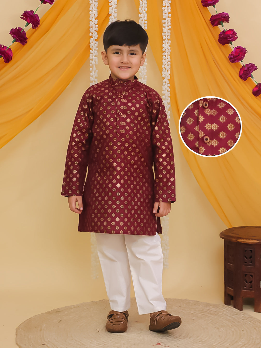 Maroon Cotton Full sleeves Foil Printed Kurta Pyjama Set