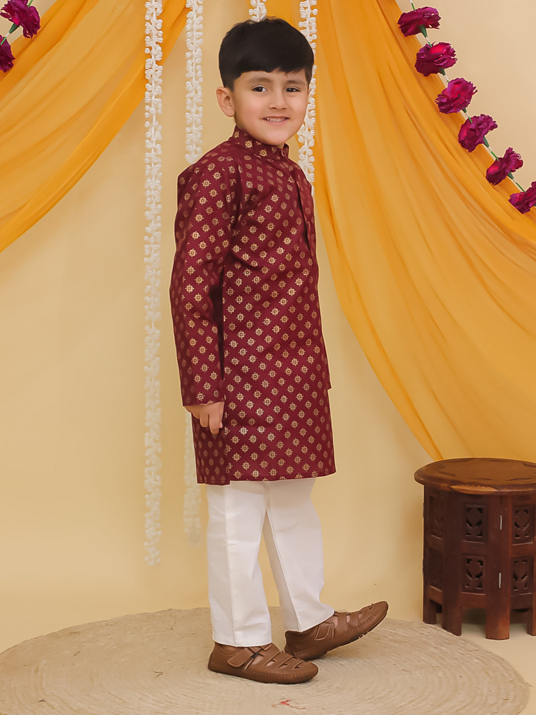 Maroon Cotton Full sleeves Foil Printed Kurta Pyjama Set