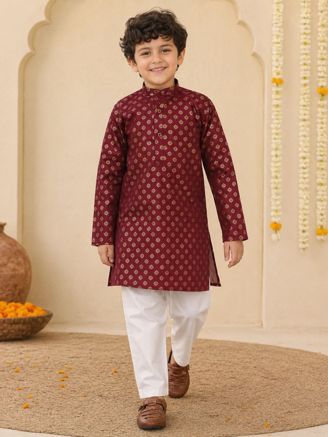 Maroon Cotton Full sleeves Foil Printed Kurta Pyjama Set
