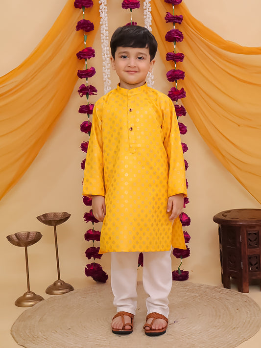 AJ Dezines Yellow Cotton Full sleeves Foil Printed Kurta Pyjama Set