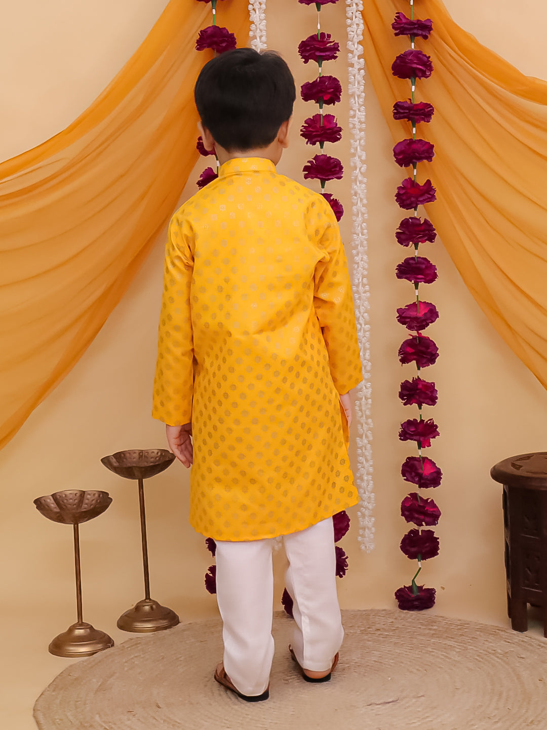 Yellow Cotton Full sleeves Foil Printed Kurta Pyjama Set